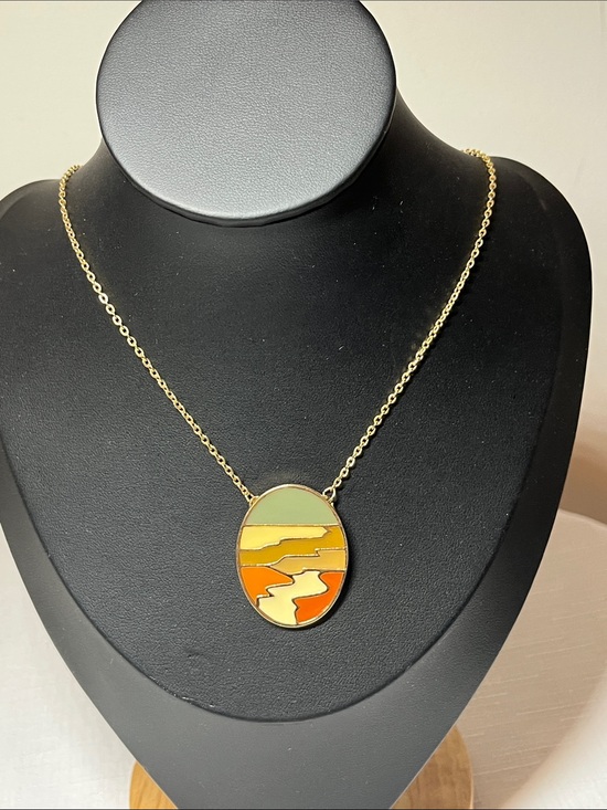 Sarah Coventry Jewelry - Sarah Coventry Gold-Tone Oval Enamel Necklace in Green, Yellow, and Orange